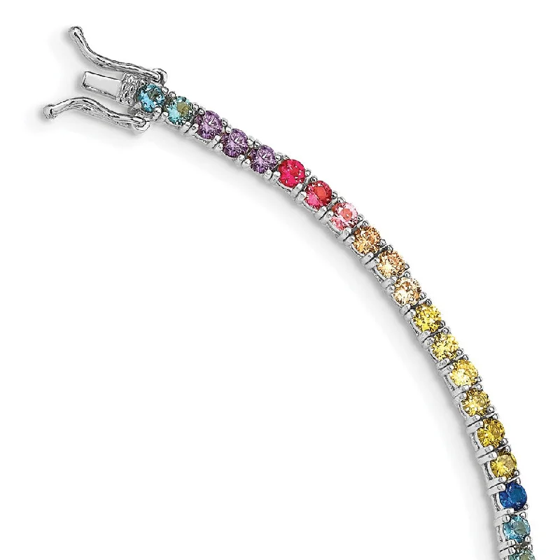 Women’s gold chain bracelets-Sterling Silver Rhodium-plated 3mm Colorful CZ Tennis Bracelet-WBC-QG5051-7