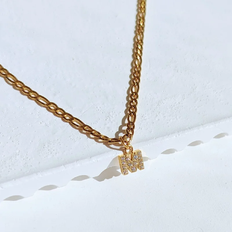 Women’s solitaire diamond necklaces-Gold Figaro Diamond Initial Necklace