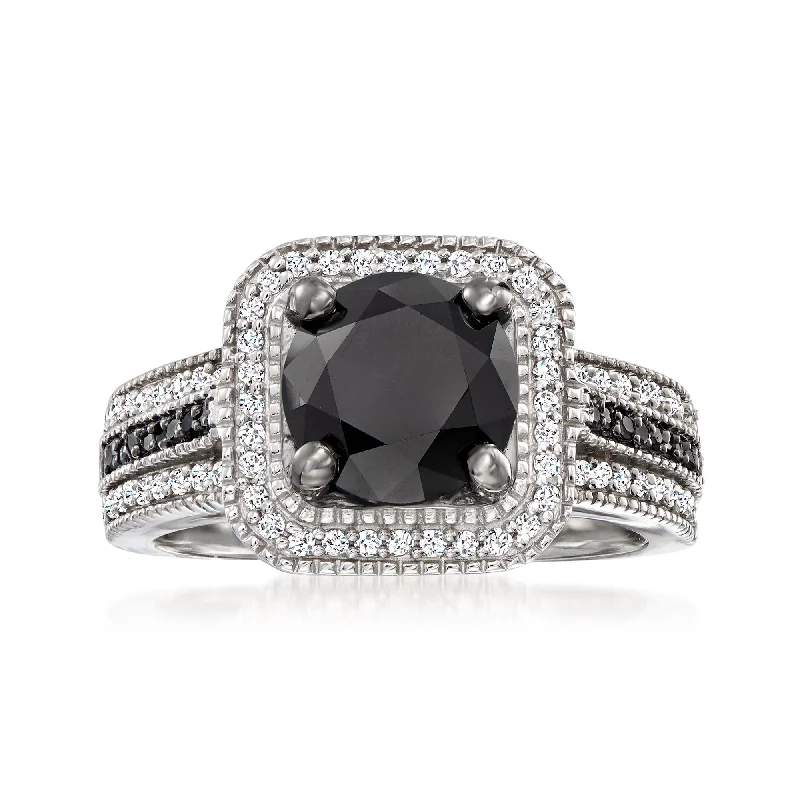 Women’s split-shank engagement rings-Ross-Simons Black and White Diamond Ring in Sterling Silver