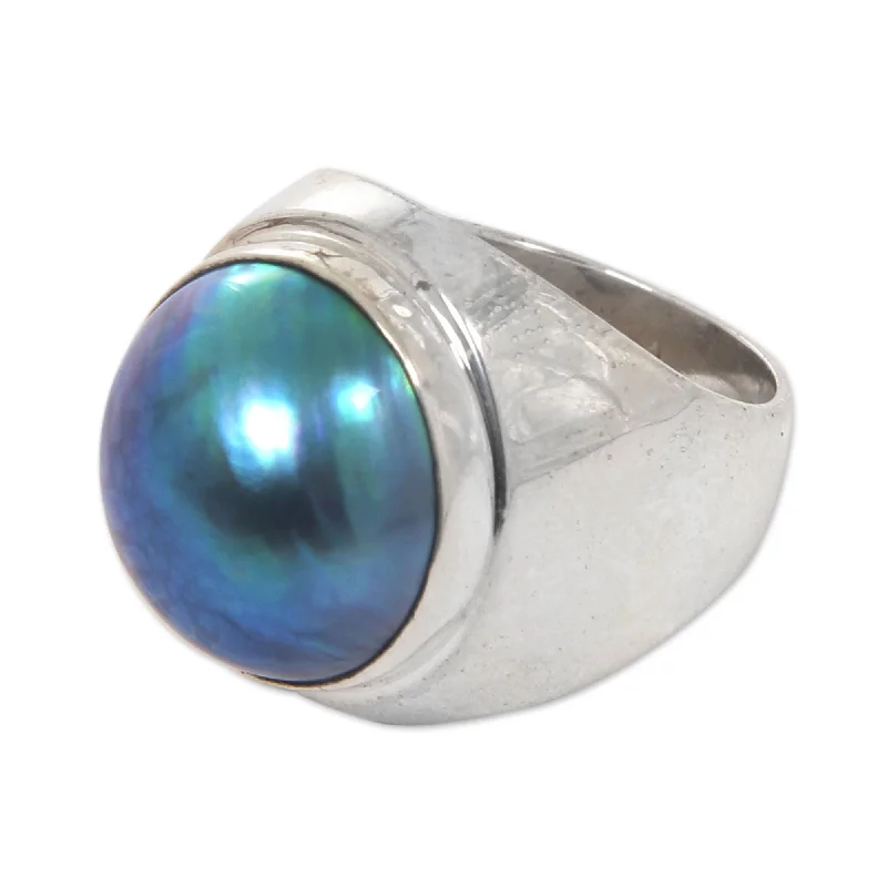 Women’s antique rings-NOVICA Handmade Blue Moon Pearl Sterling Silver Ring 14.5-15 mm (Indonesia)