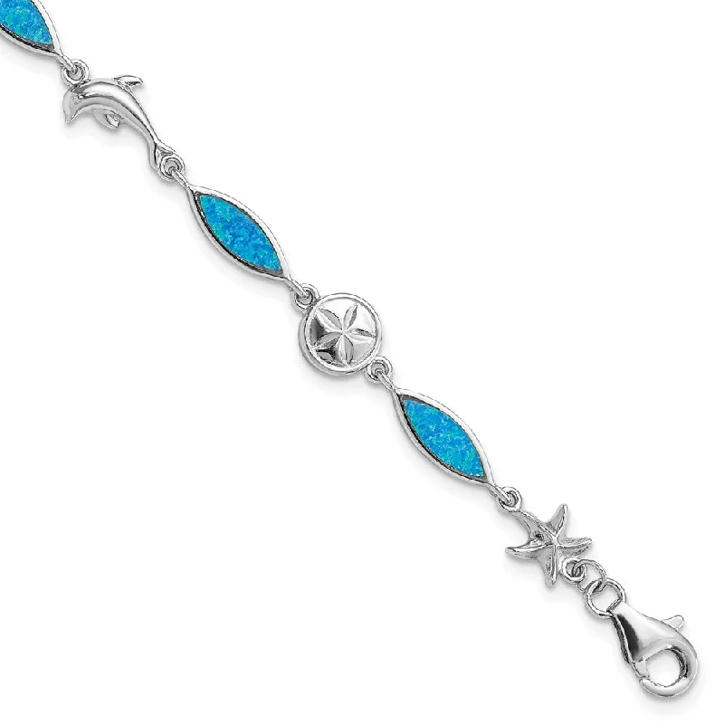 Women’s vintage-inspired bracelets-Sterling Silver Rhodium-plated Lab Created Opal Sea Life Bracelet-WBC-QG4237-7