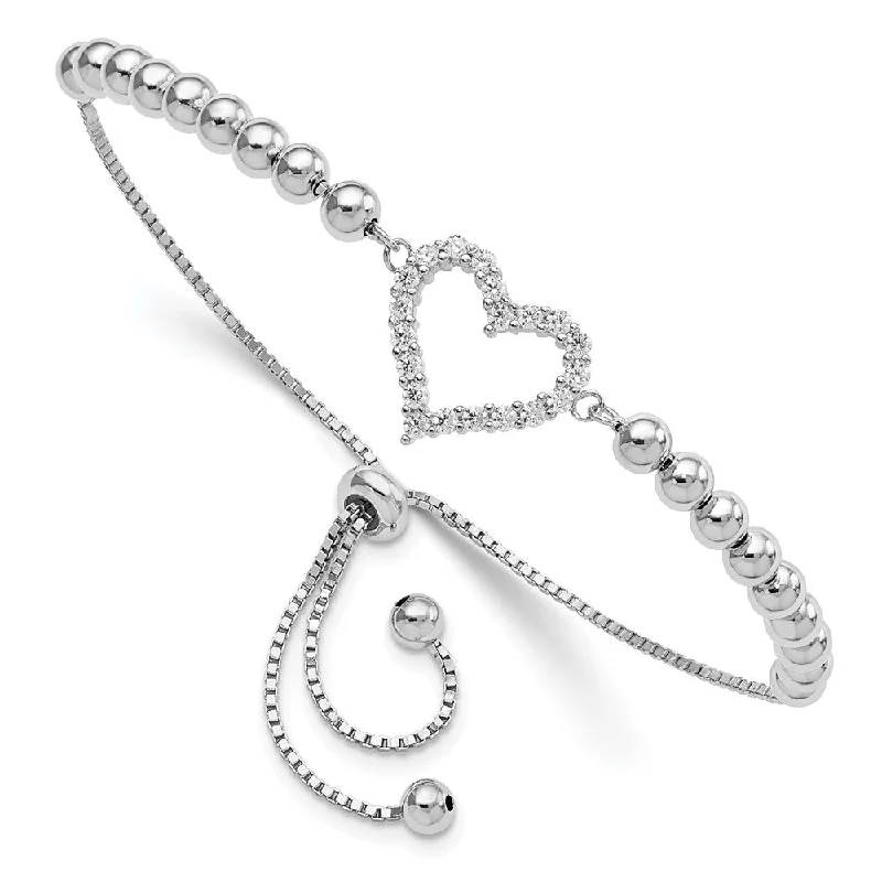 Women’s unique bangle bracelets-Sterling Silver Rhodium-plated Beaded CZ Heart Adjustable Bracelet-WBC-QG5942