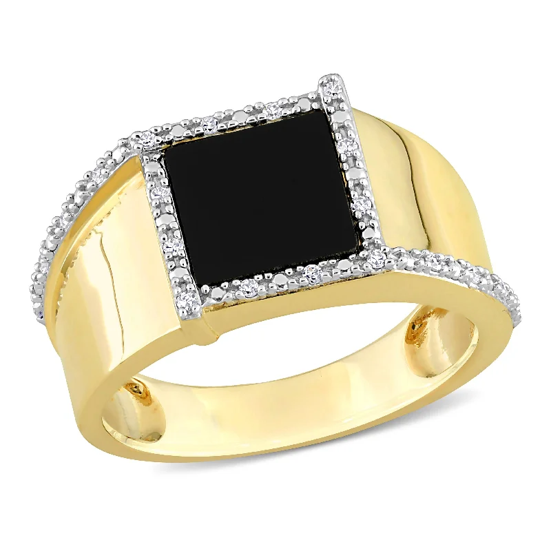 Women’s ring sets-Miadora 6 CT TGW Square Black Onyx and 1/10 CT TDW Diamond Mens Ring in 10k Yellow Gold