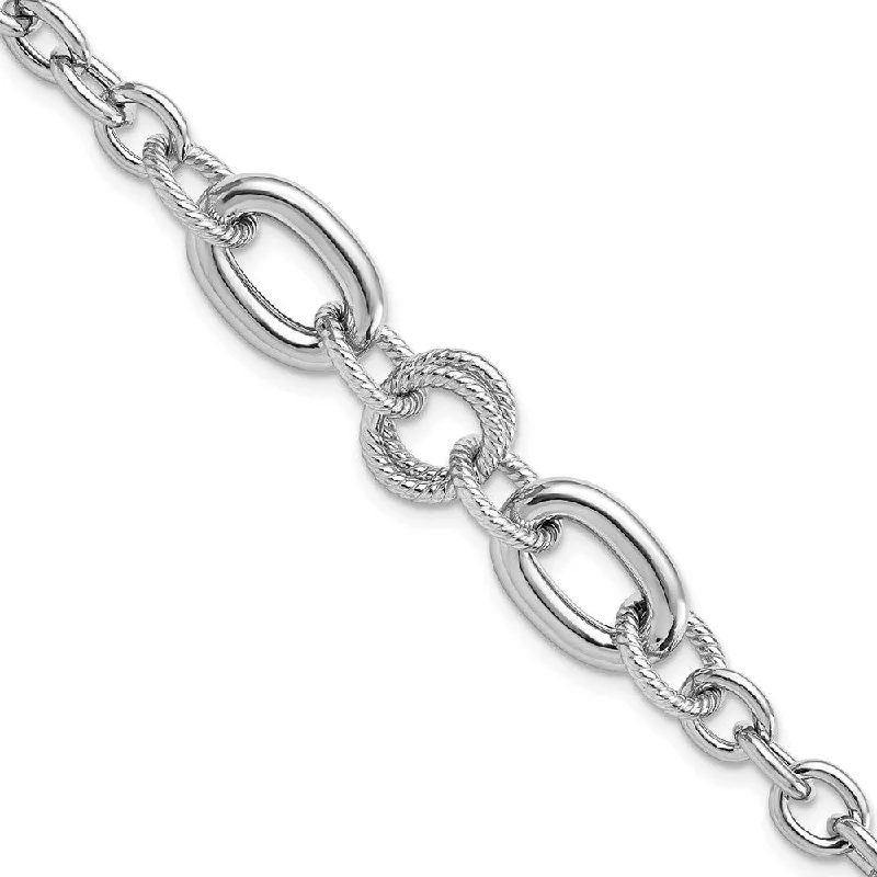 Women’s beaded bracelets-Sterling Silver Rhodium-pltd Fancy Textured Link Bracelet-WBC-QG5844-7.75