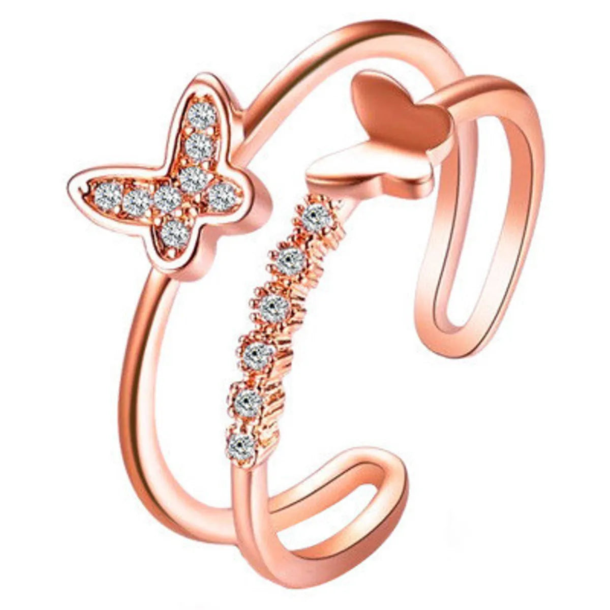 Women’s pearl rings-New Ring Double Butterfly Ring Ladies Popular Rose Gold Diamond Opening Adjustable Ring