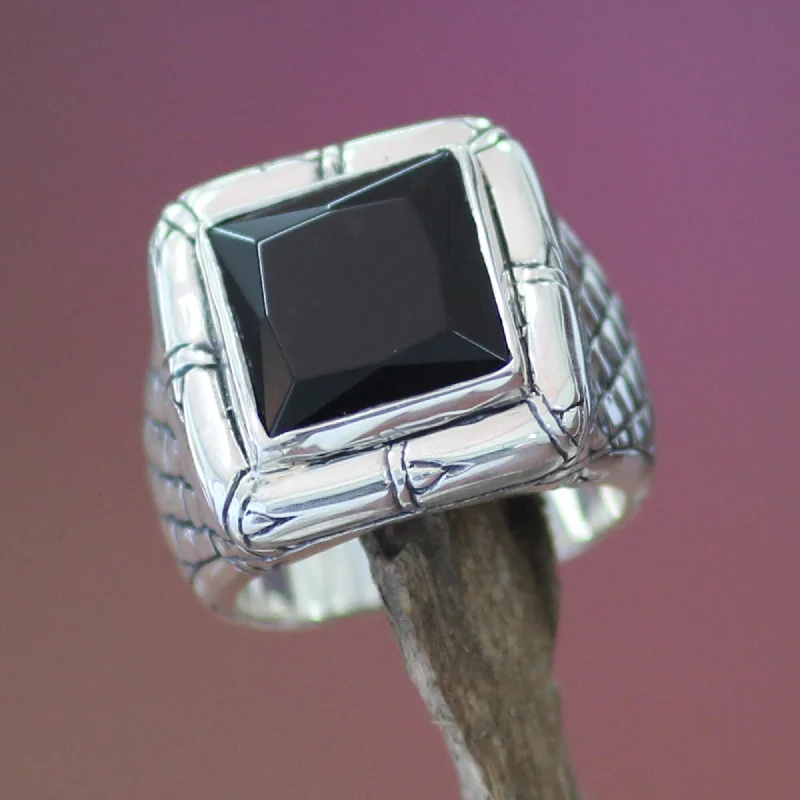 Women’s large diamond rings-Handmade Kingdom of Night Modern Square Black Onyx Mens Sterling Silver Ring (Indonesia)