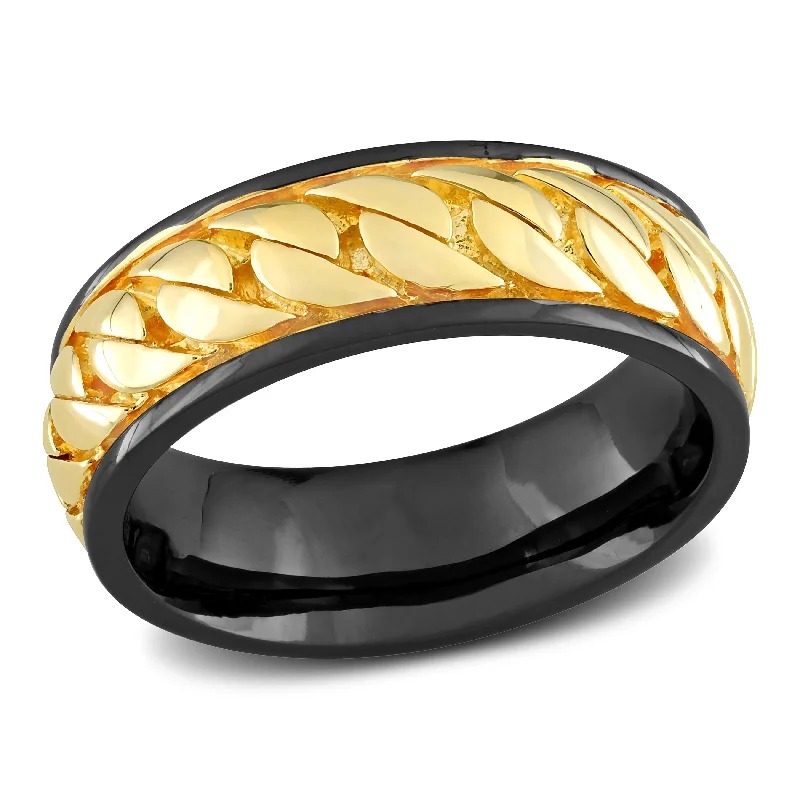 Women’s minimalist rings-Miadora Ribbed Design Mens Ring in Sterling Silver Black and Yellow