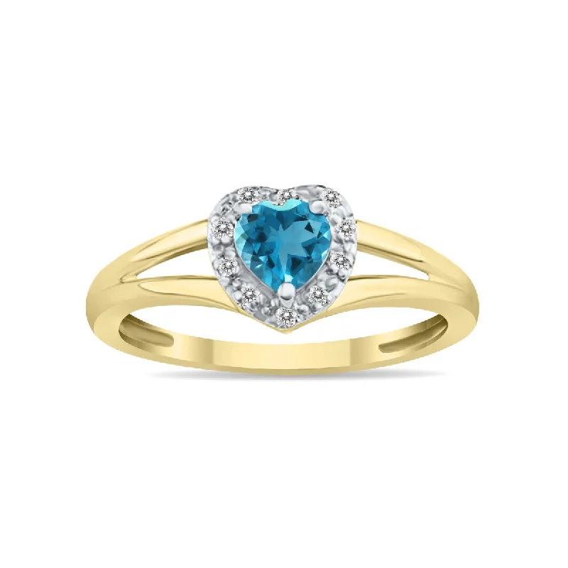 Women’s engagement rings with aquamarine gemstones-Heart Shape Blue Topaz  And Diamond Ring In 10K Yellow Gold