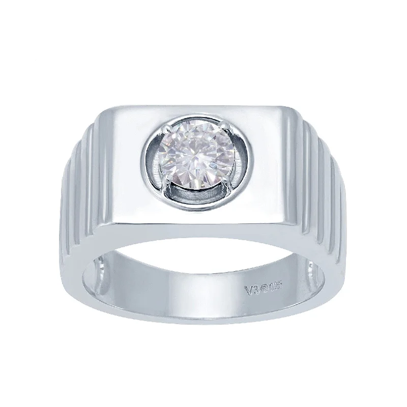 Women’s round cut diamond rings-Sterling Silver Round Shape Moissanite Men's Solitaire Ring