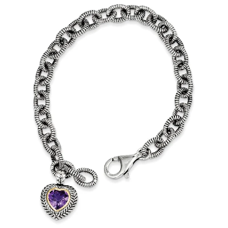 Women’s heart-shaped bracelets-Sterling Silver w/14k Amethyst Heart Link Bracelet-WBC-QTC394