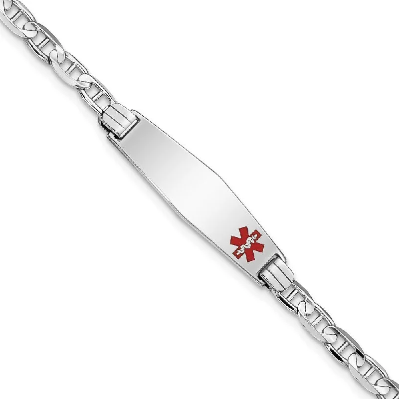 Women’s crystal bracelets-14k White Gold 7.5mm Medical Soft Diamond Shape Red Enamel Anchor Link ID Bracelet, 7"