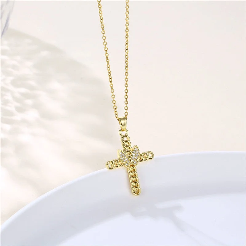 Women’s pearl necklaces-Casual Simple Style Cross Butterfly Stainless Steel Alloy Artificial Diamond Unisex Pendant Necklace