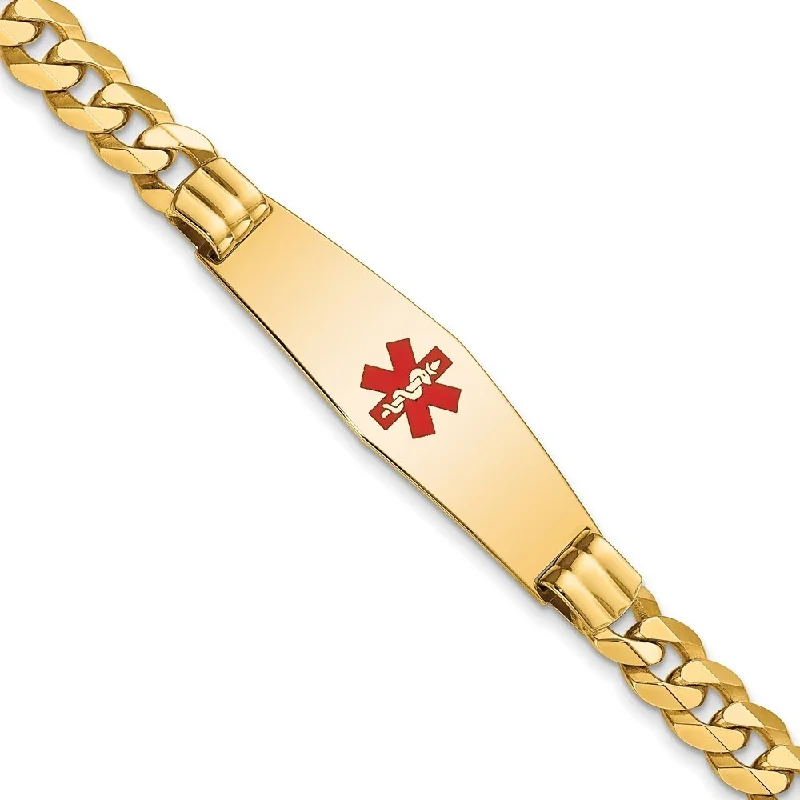 Women’s silver cuff bracelets-14k Yellow Gold 13.5mm Medical Soft Diamond Shape Red Enamel Flat Curb Link ID Bracelet, 8"