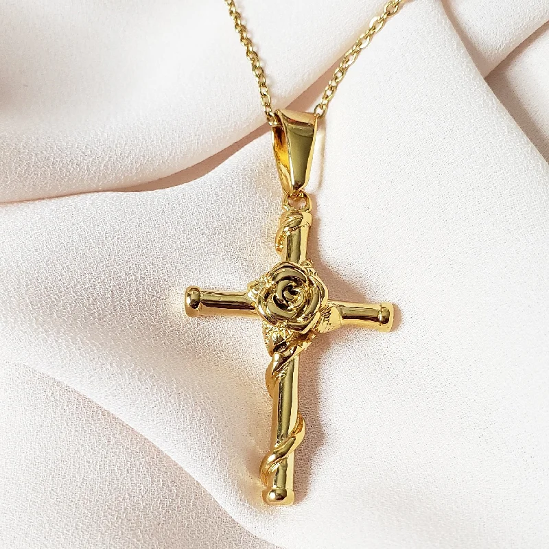 Women’s trendy necklaces-Rose Wrapped Cross Necklace