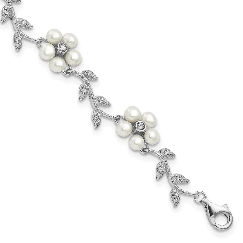 Women’s diamond bangles-Sterling Silver Rhodium FW Cultured Pearl and CZ Floral Bracelet-WBC-QG1805-7