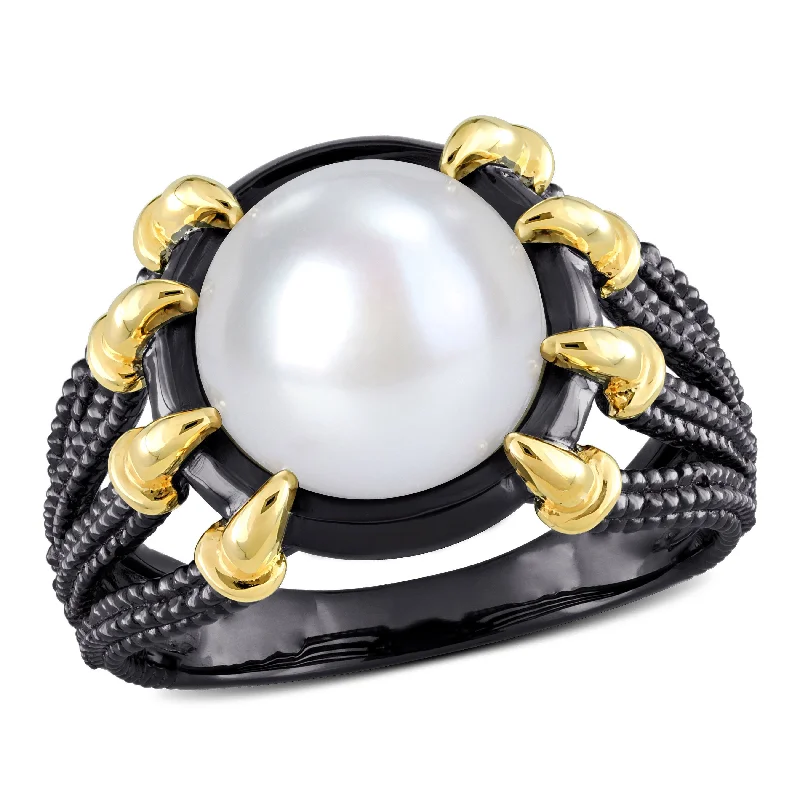 Women’s rose gold engagement rings-Miadora 10.5-11 mm Cultured Freshwater Pearl Ring in Black Rhodium Plated Yellow Silver