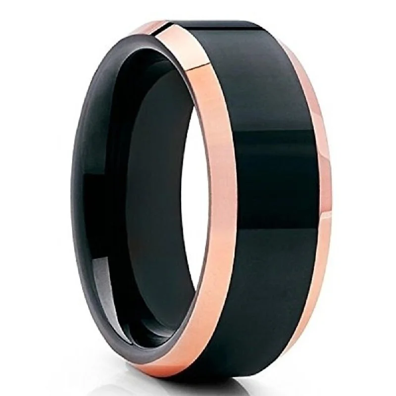 Women’s handmade rings-8Mm Black Tungsten Carbide Ring Rose Gold Comfort Fit Scratch Resistant