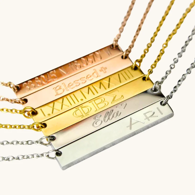 Women’s friendship necklaces-Engraved Horizontal Bar Necklace