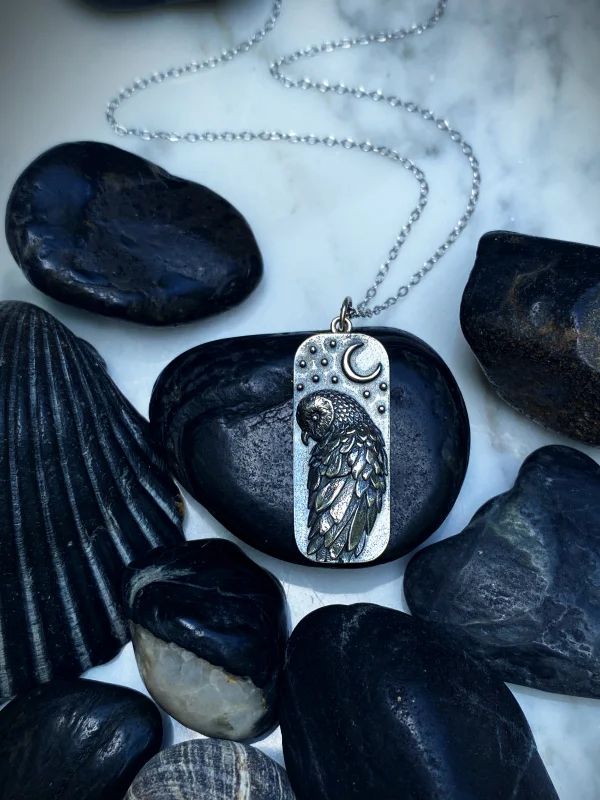 Women’s silver pendant necklaces-Barn Owl & Crescent Moon Necklace