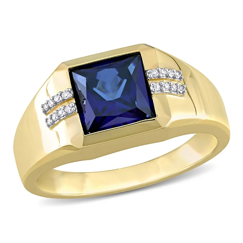 Women’s custom-designed engagement rings-Miadora 3 CT TGW Square Created Blue Sapphire and Diamond Accent Mens Ring in 10k Yellow Gold