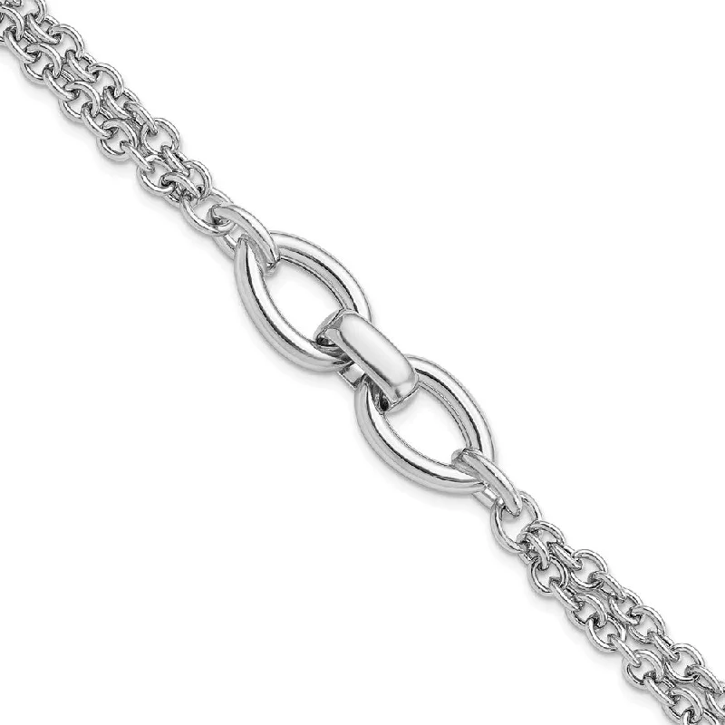 Women’s floral bracelets-Sterling Silver Rhodium-pltd Double Chain w/2 Oval Links Bracelet-WBC-QG5846-7.75