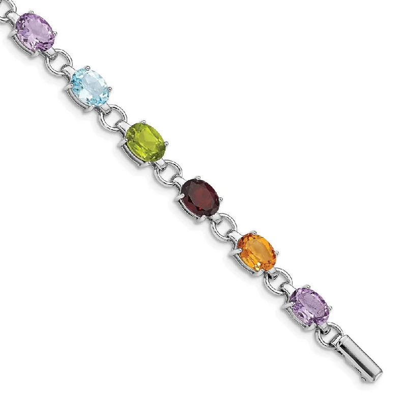 Women’s statement bracelets-Sterling Silver Rhodium-plated Oval Multi-gemstone Bracelet-WBC-QG4926-7.25