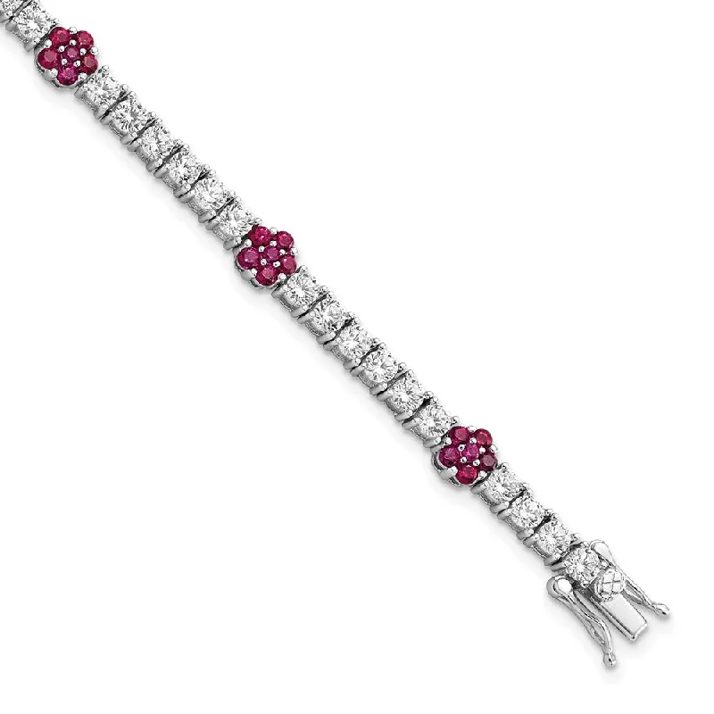 Women’s cuff bracelets-Sterling Silver Rhodium-plated Created Ruby CZ Flower 7in Bracelet-WBC-QG5937-7