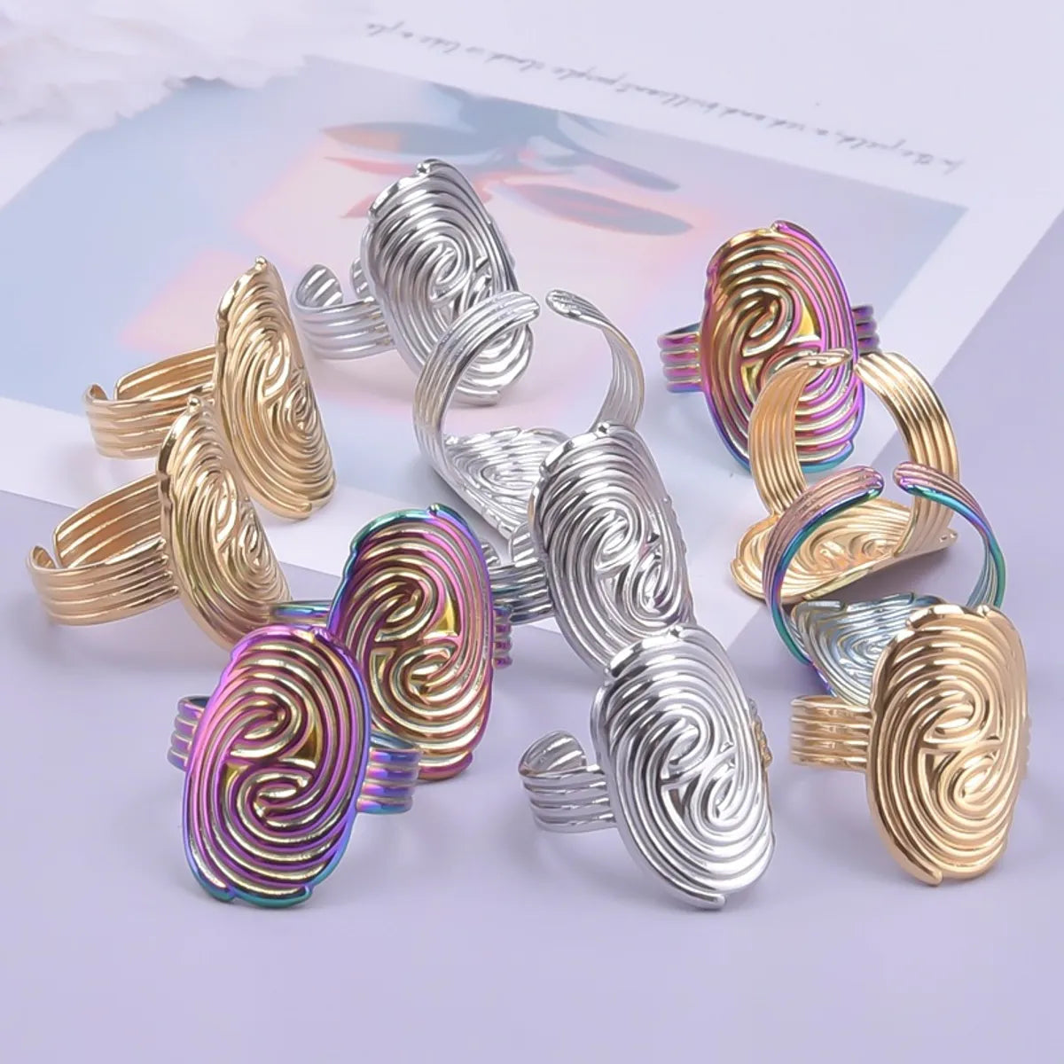 Women’s two-tone rings-Wholesale Vintage Style Fingerprint Solid Color Stainless Steel Plating Open Rings