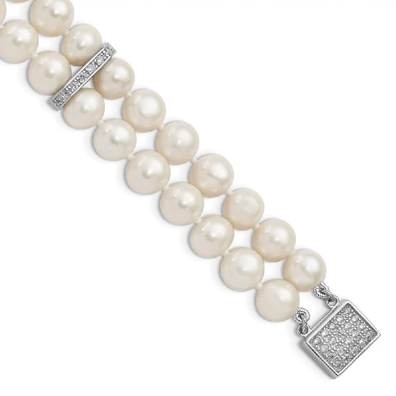 Women’s gold-plated bracelets-Sterling Silver Rhodium 7-8mm White FWC Pearl 2-Strand CZ Fancy Bracelet-WBC-QH5209-7