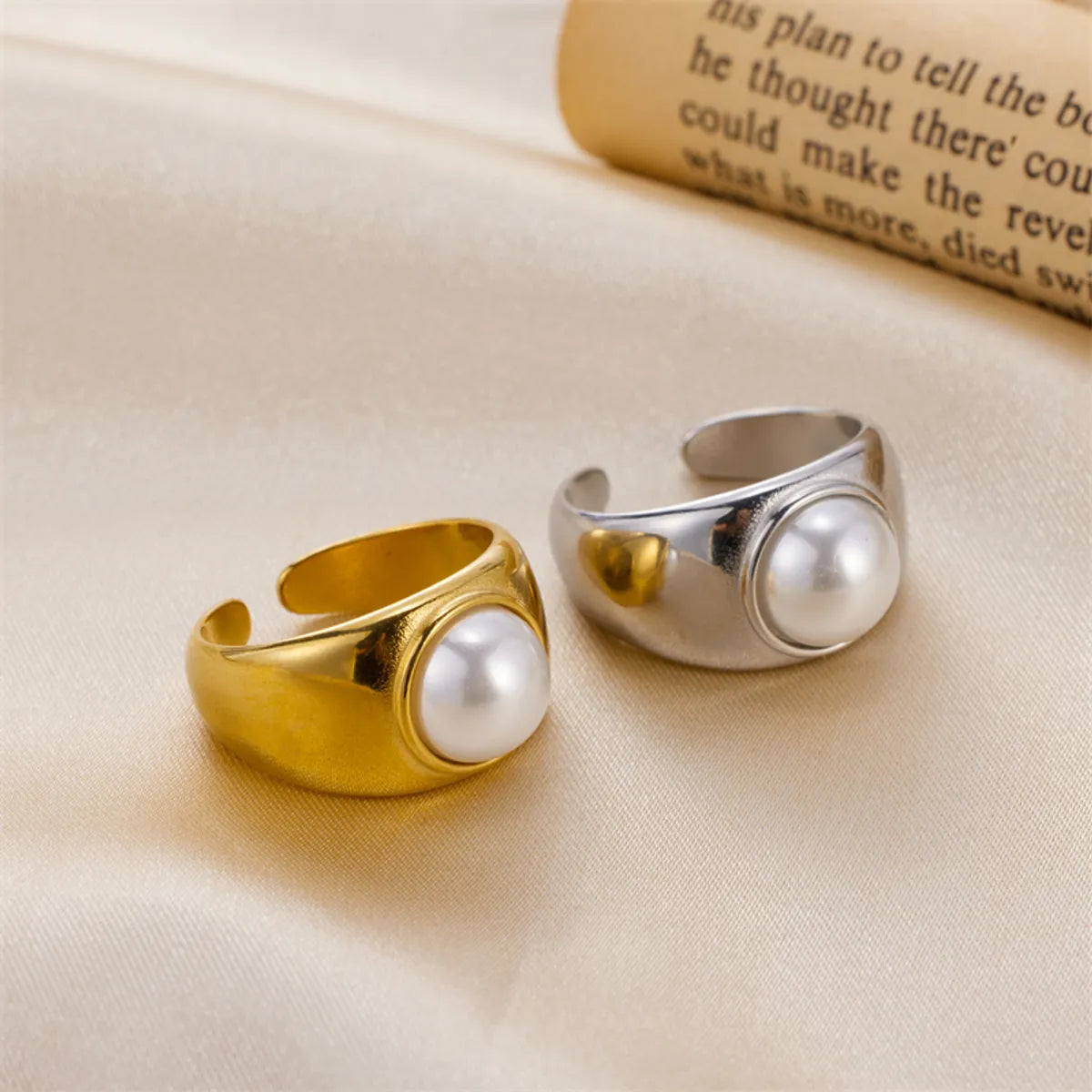 Women’s ring sets-Vintage Style Round Stainless Steel Inlay Pearl Open Rings