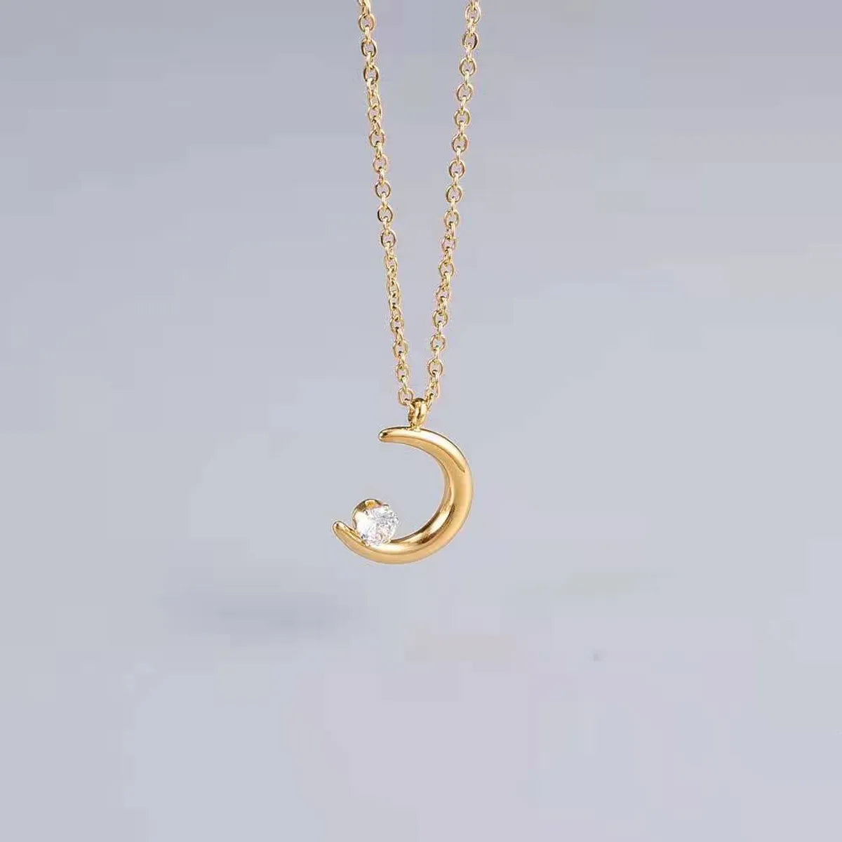 Women’s vintage-inspired necklaces-Fashion Moon Titanium Steel Plating Inlay Zircon Pendant Necklace 1 Piece