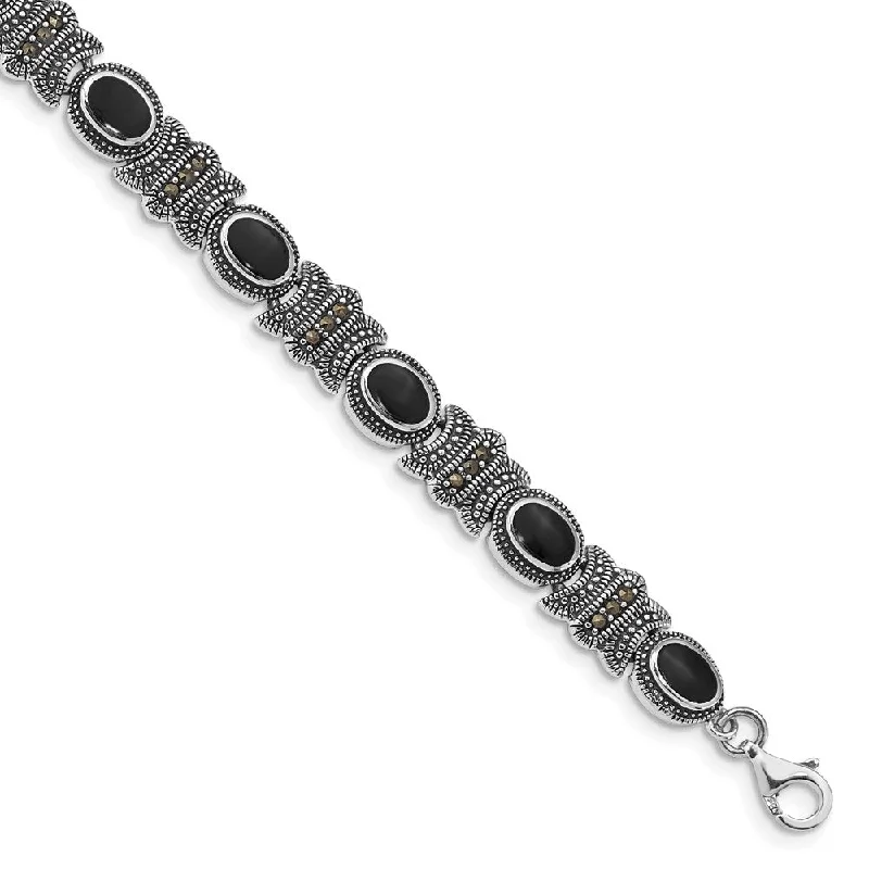 Women’s classic cuff bracelets-Sterling Silver Rhodium-plated Marcasite and Onyx Bracelet-WBC-QH1043-7.25