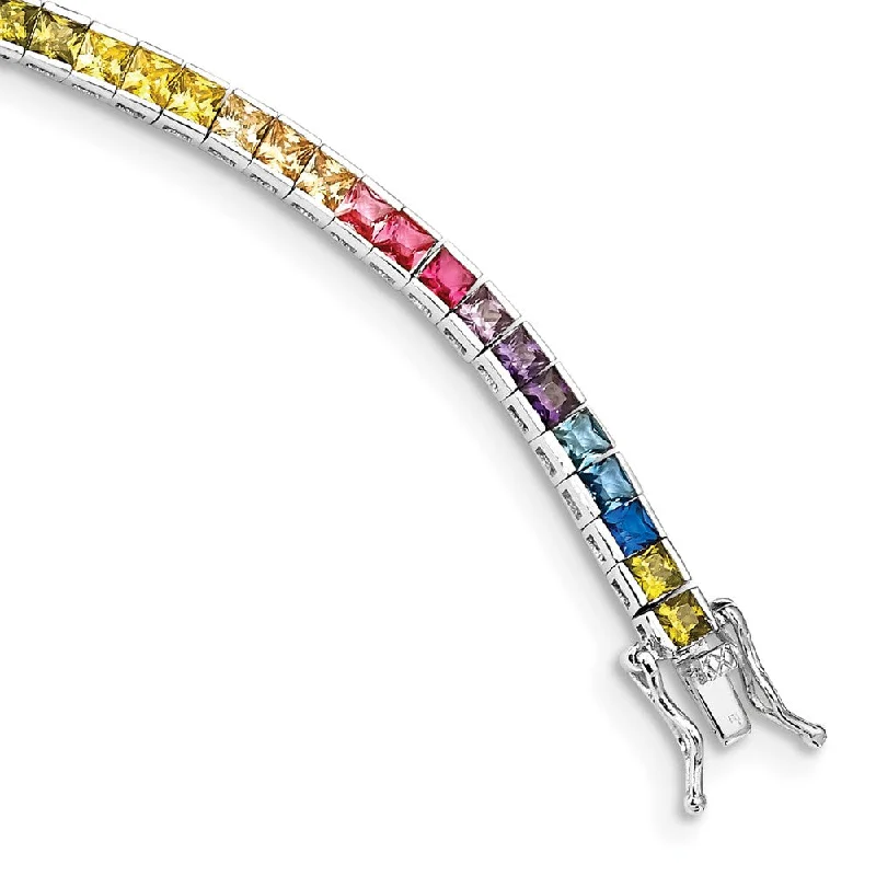 Women’s diamond-studded bracelets-Sterling Silver Rhodium-plated Channel-Set Colorful CZ Bracelet-WBC-QG5662-7.25