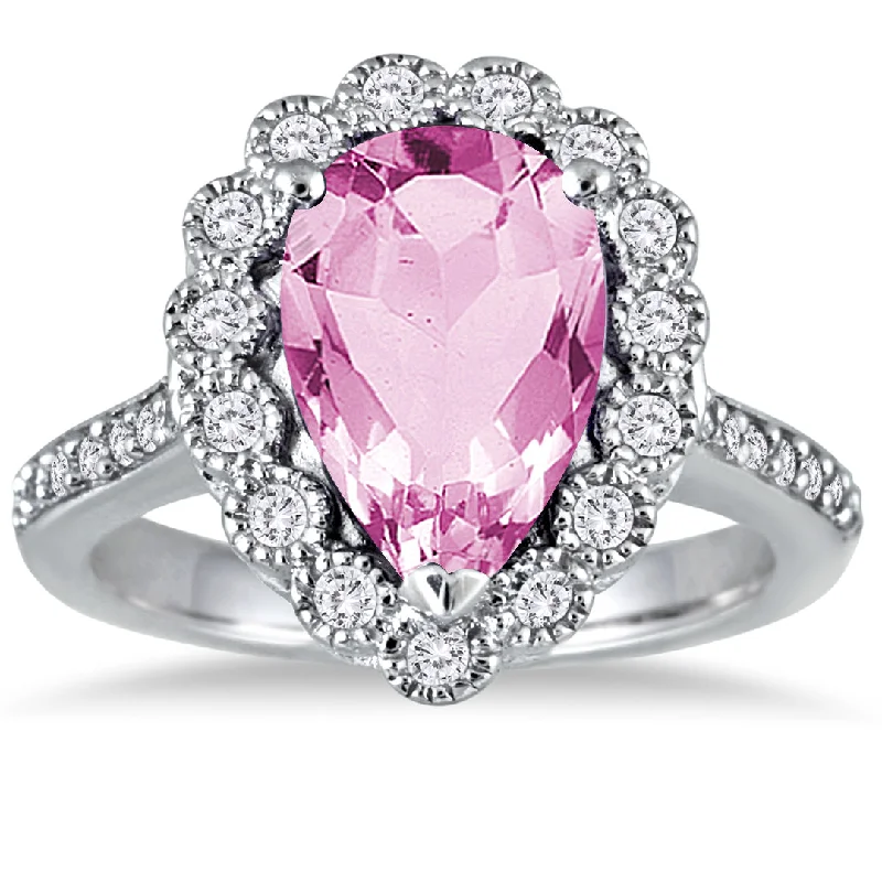 Women’s heirloom engagement rings-5 Carat Pear Shape Pink Topaz And Diamond Ring In 14K White Gold