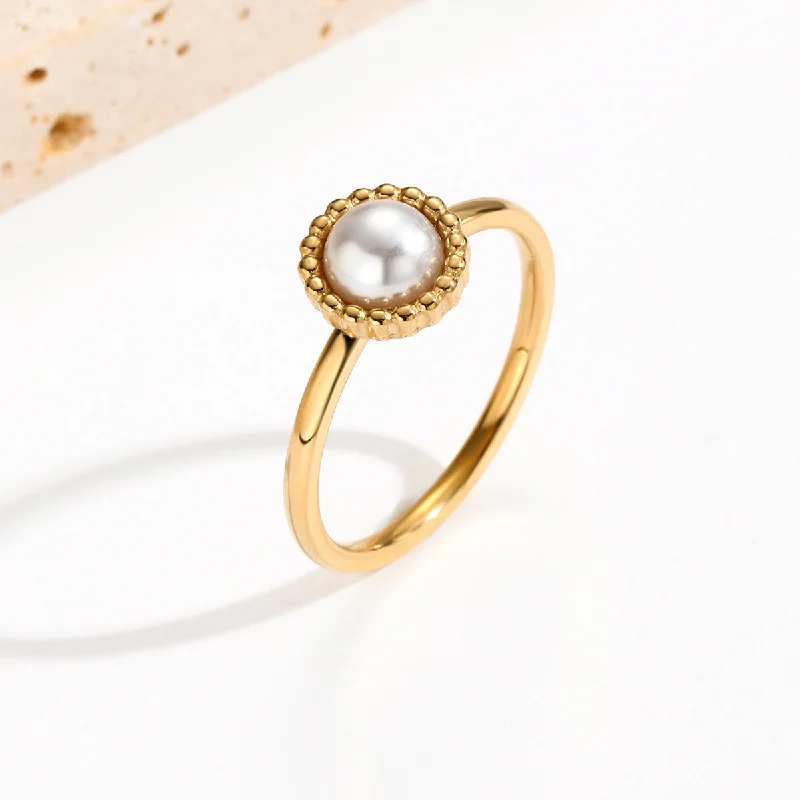 Women’s birthstone stackable rings-Elegant Round Stainless Steel Inlay Artificial Pearls 14k Gold Plated Rings