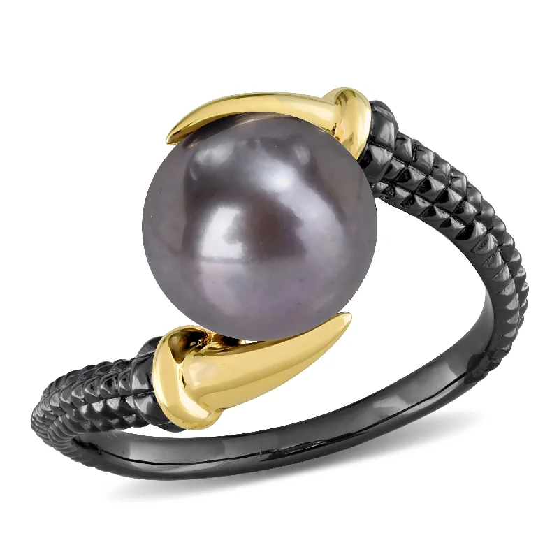 Women’s minimalist rings-Miadora Mens 9.5-10 mm Black Cultured Freshwater Pearl Ring in Yellow and Black Silver