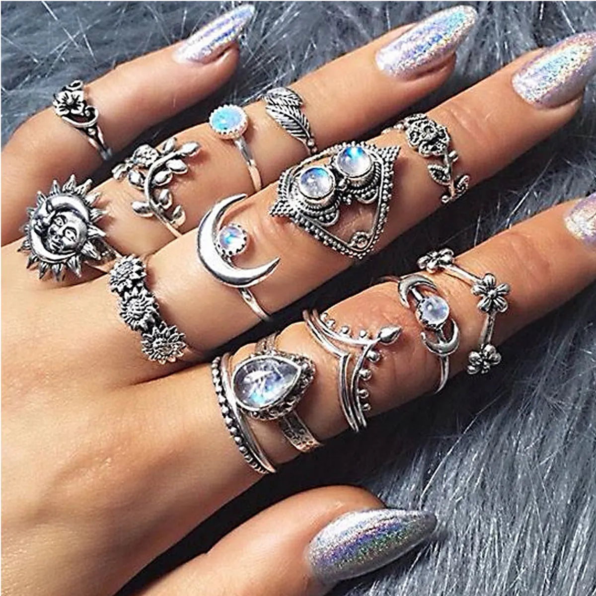 Women’s vintage cocktail rings-Fashion Water Drop Flowers Sunflower Moon Sun 14-Piece Set Ring