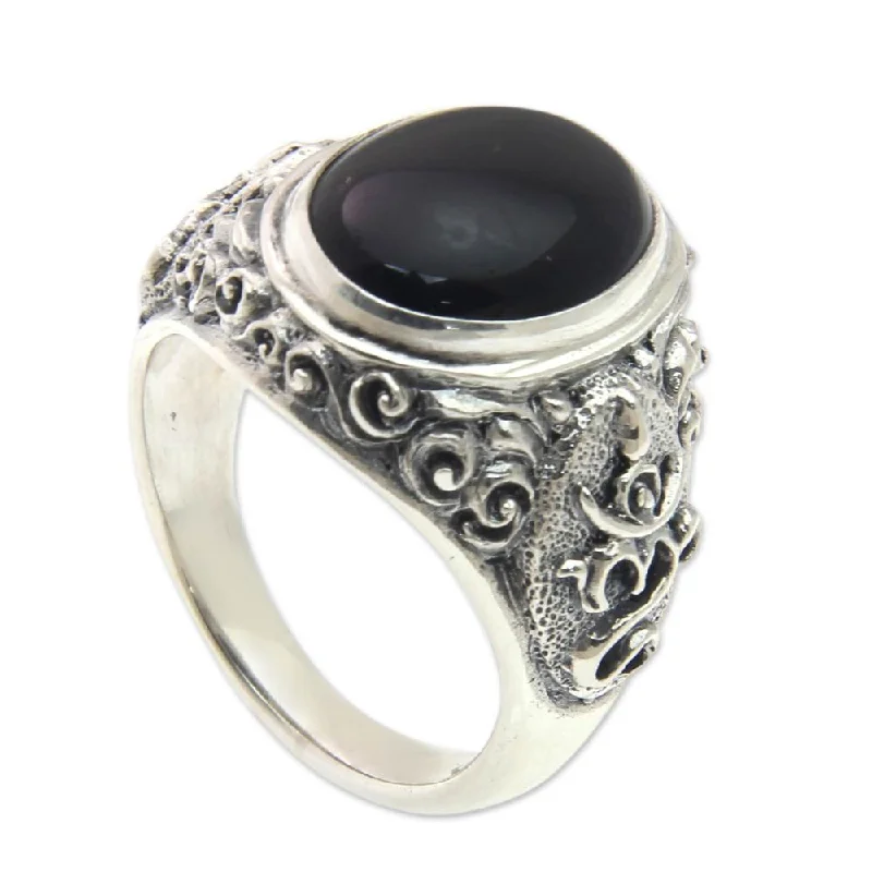 Women’s eternity rings-Handmade Men's Sterling Silver 'Black Om Kara' Onyx Ring (Indonesia) - Black