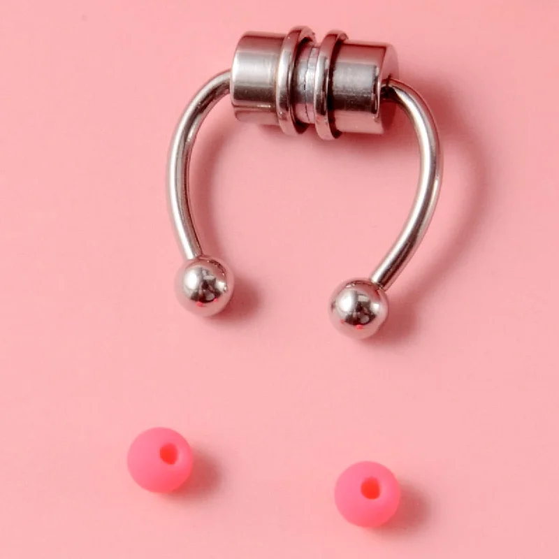 Magnet Nose Ring Steel Color-Pink Rubber Ball