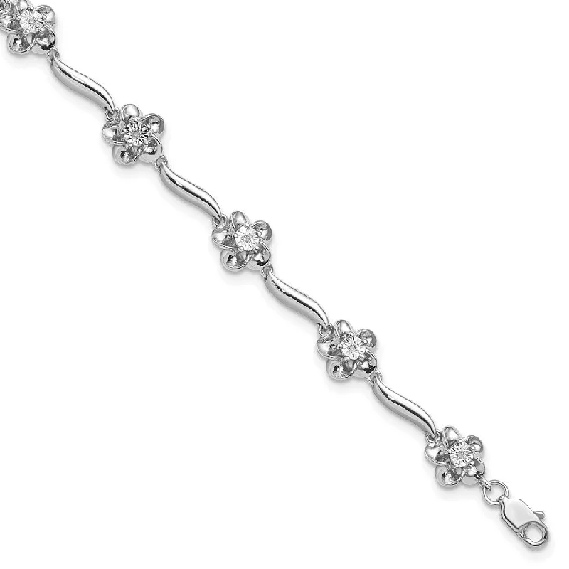 Women’s luxury charm bracelets-Sterling Silver Rhodium-plated Floral Diamond Bracelet-WBC-QDX1248