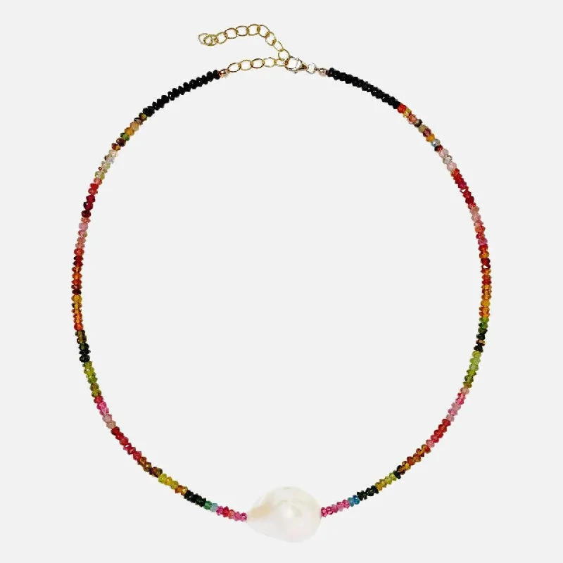 Women’s gold chain with pendant necklaces-Multi Tourmaline Single Baroque Pearl Gemstone Necklace