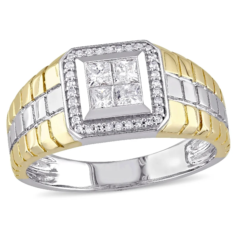 Women’s gold-plated rings-Miadora 1/2ct TDW Princess Cut Quad and Round Diamond Mens Ring in Two-Tone 10k Gold