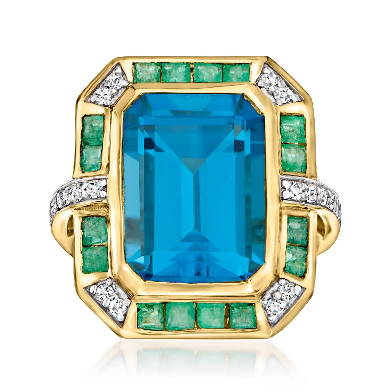 Women’s affordable diamond engagement rings-Ross-Simons Swiss Blue Topaz, . Emerald and . Diamond Ring in 14kt Yellow Gold