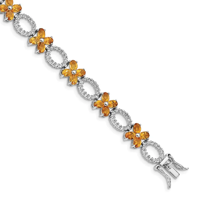 Women’s gold-plated bangles-Sterling Silver Rhodium-plated Citrine Flower w/Wht.Topaz Bracelet-WBC-QG4930-7.75