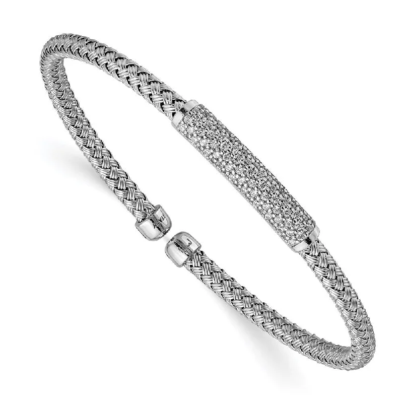 Women’s thin bangles-925 Sterling Silver Rhodium-plated Cubic Zirconia Woven Flexible Cuff Bracelet