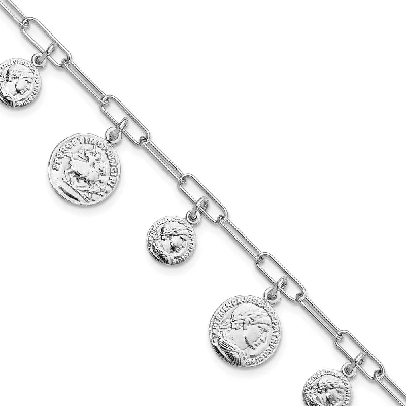 Women’s crystal bracelets-Sterling Silver Rhodium-plated Polished Coin Charm w/ 1in ext. Bracelet-WBC-QG5992-6.75