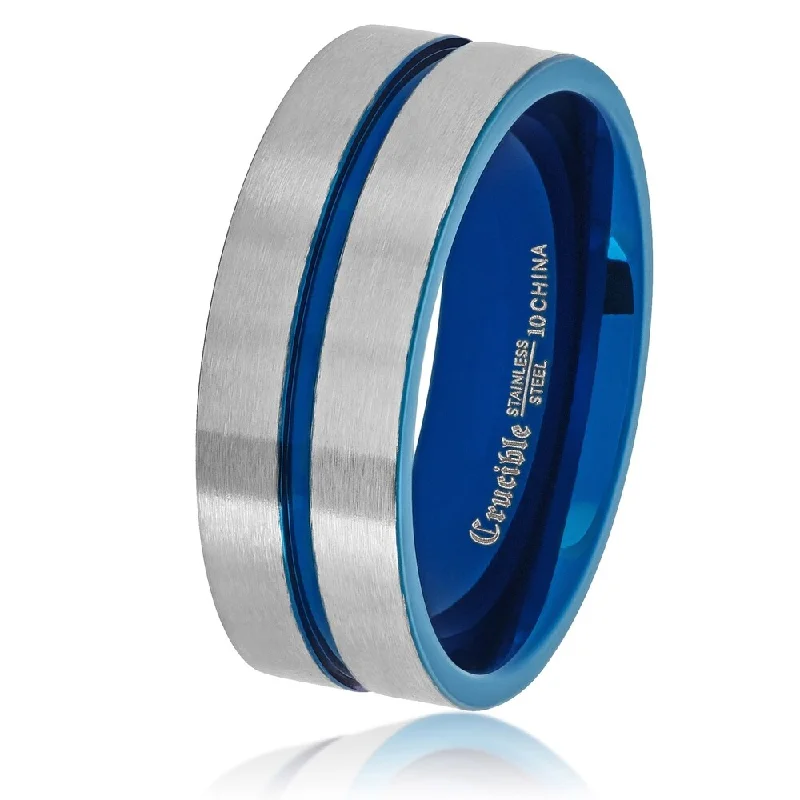 Women’s custom rings-Men's Blue Plated Brushed Stainless Steel Comfort Fit Ring (8mm)