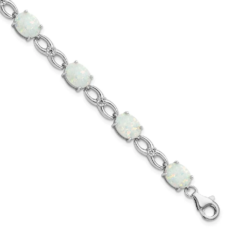 Women’s sparkling bangles-Sterling Silver Rhodium-plated Polished White Created Opal & CZ Bracelet-WBC-QG5926-7.25