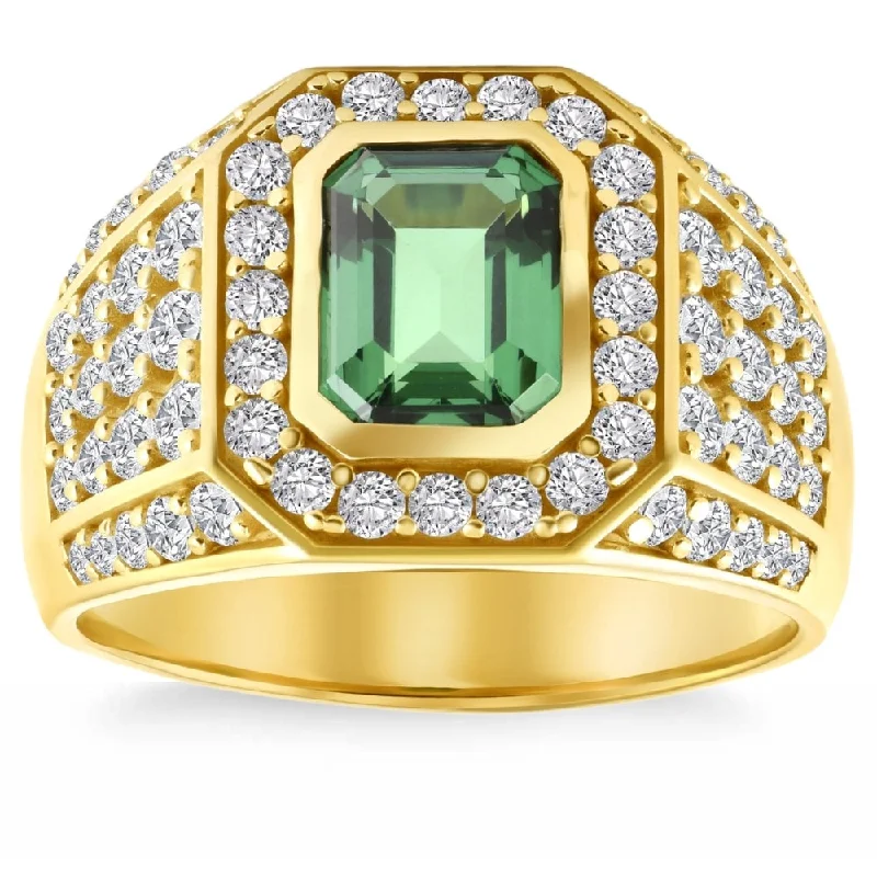 Women’s multi-stone rings-4 1/2Ct Emerald & Diamond Men's Ring Yellow Gold Lab Grown