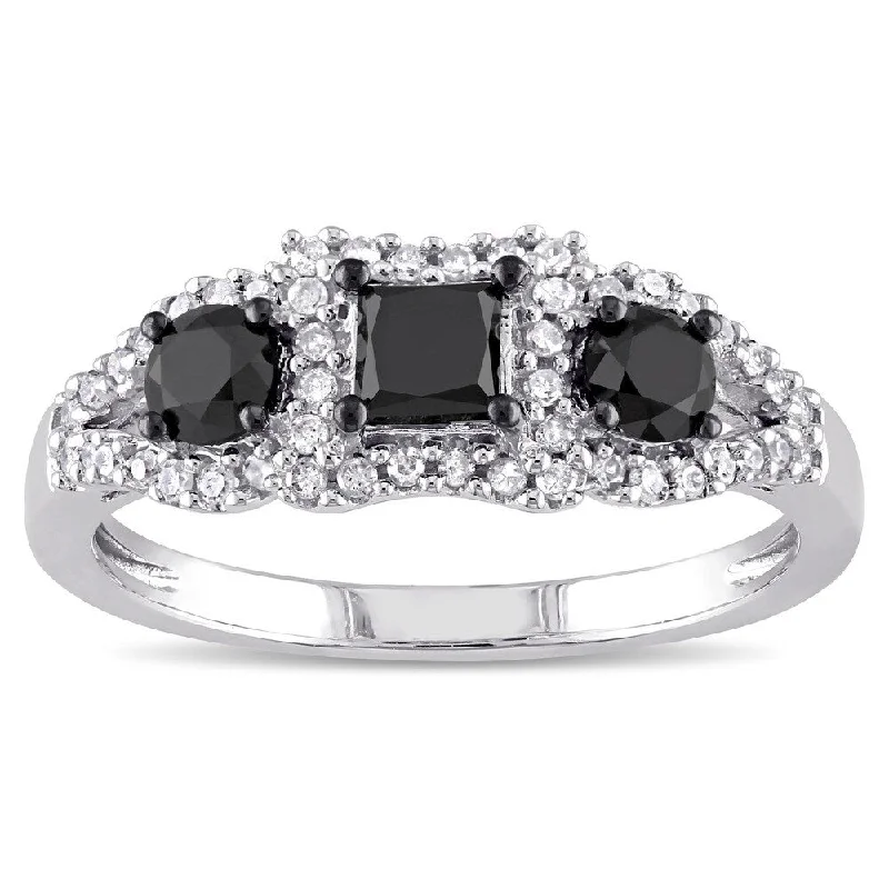 Women’s stackable rings-Miadora 10k White Gold 1ct TDW Black and White Diamond 3-stone Halo Ring